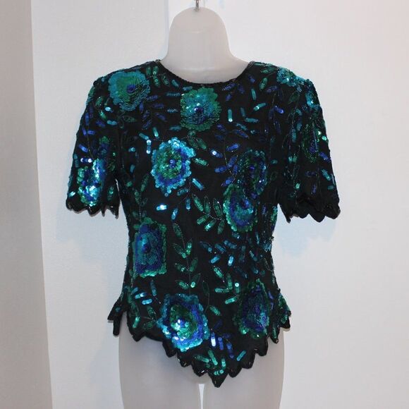 Lauren Kazar 100% Silk Sequin Blouse Top Shirt Size Small Vintage - Picture 1 of 12